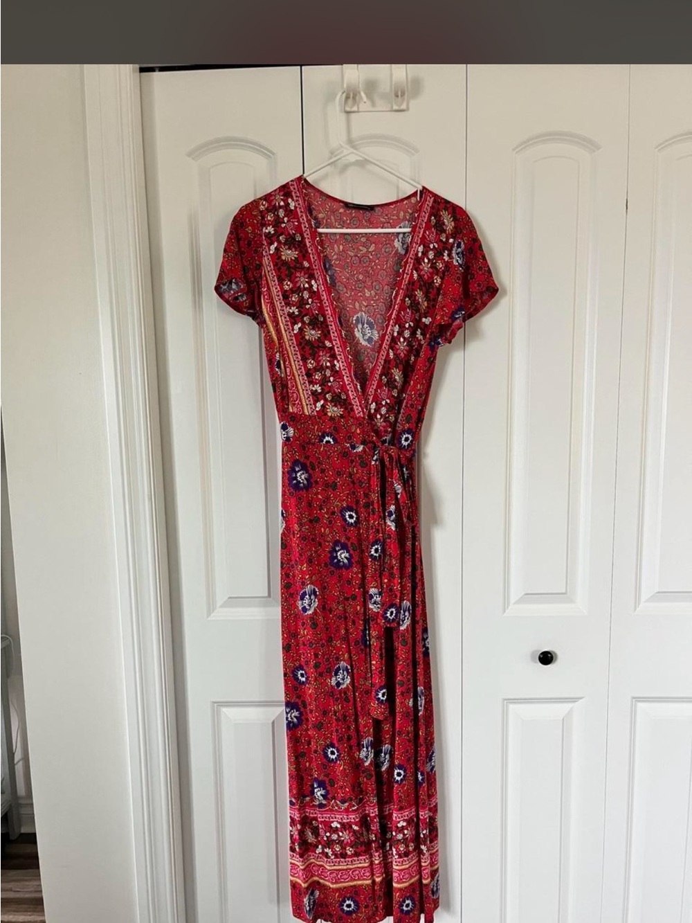 Red Floral Wrap Maxi Dress with Tie Waist